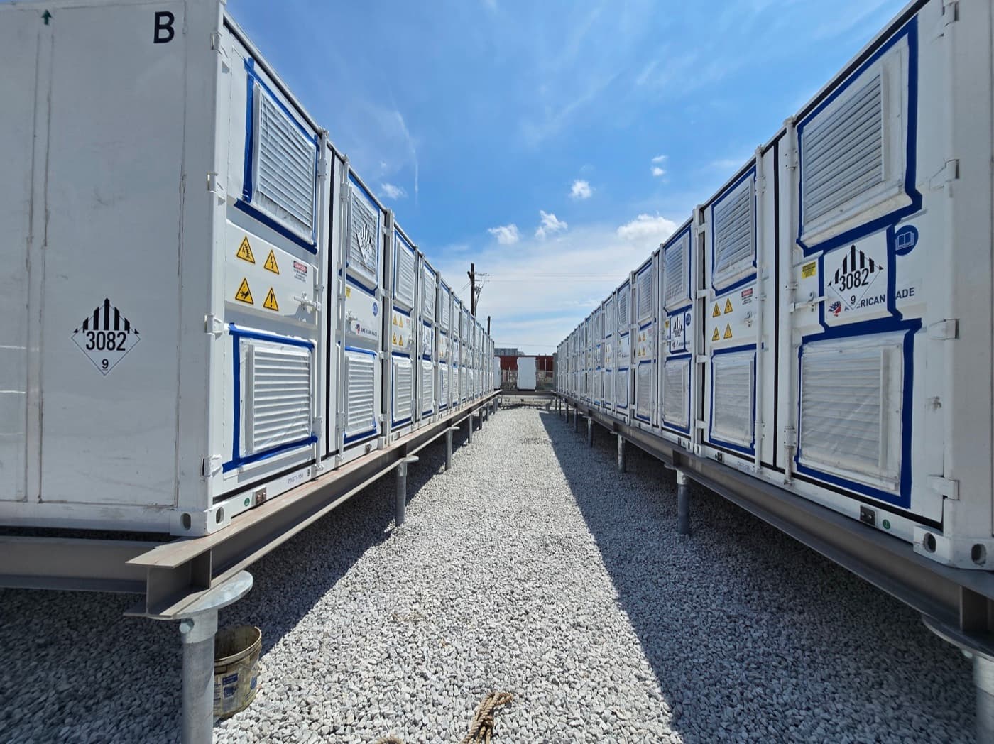 Rows of utility scale battery storage containers at the Lincoln Electric System site in Nebraska