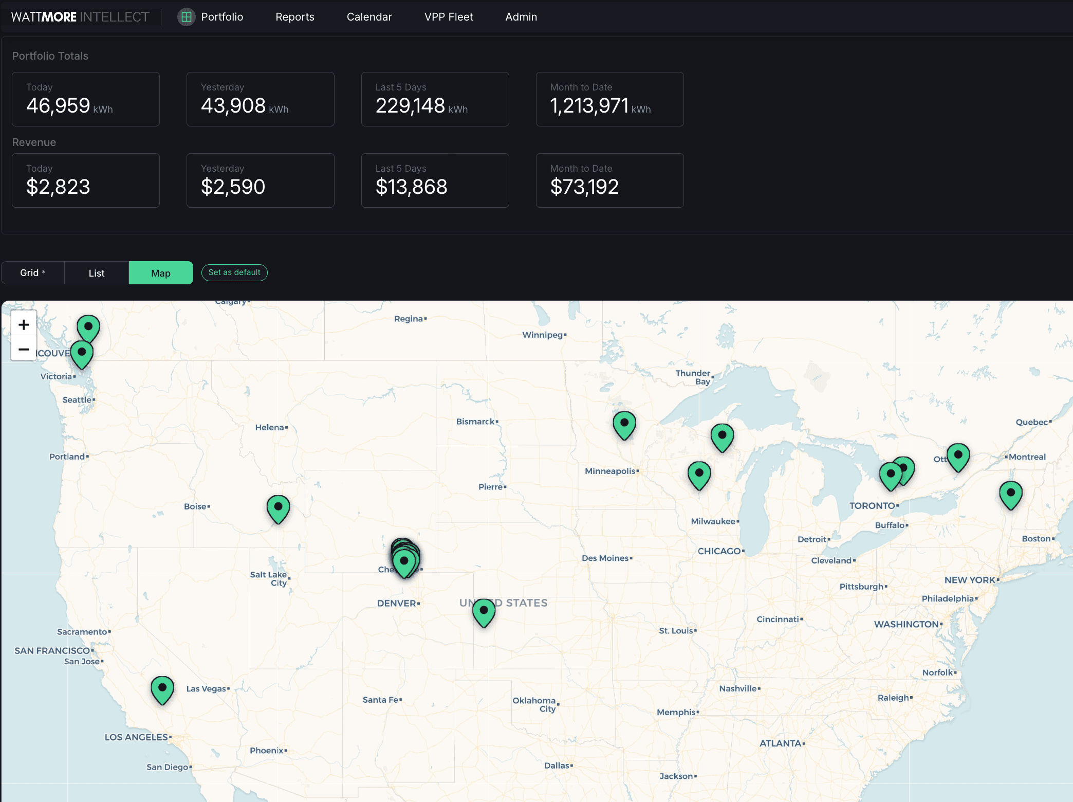 WATTMORE Intellect portfolio map showing solar and storage fleet sites and performance stats across North America