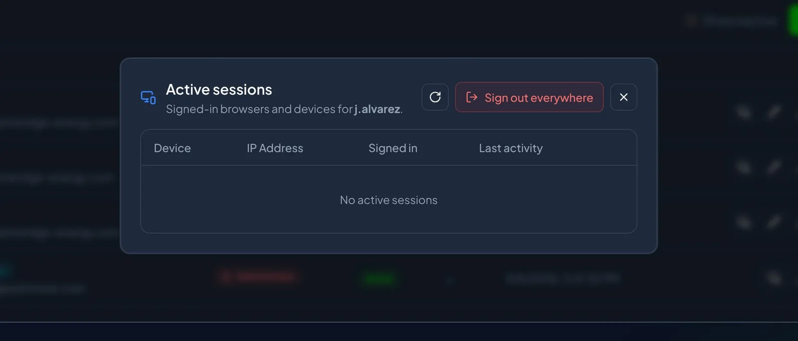 The Active sessions dialog for one account, listing the sessions currently open and a Sign out everywhere button.