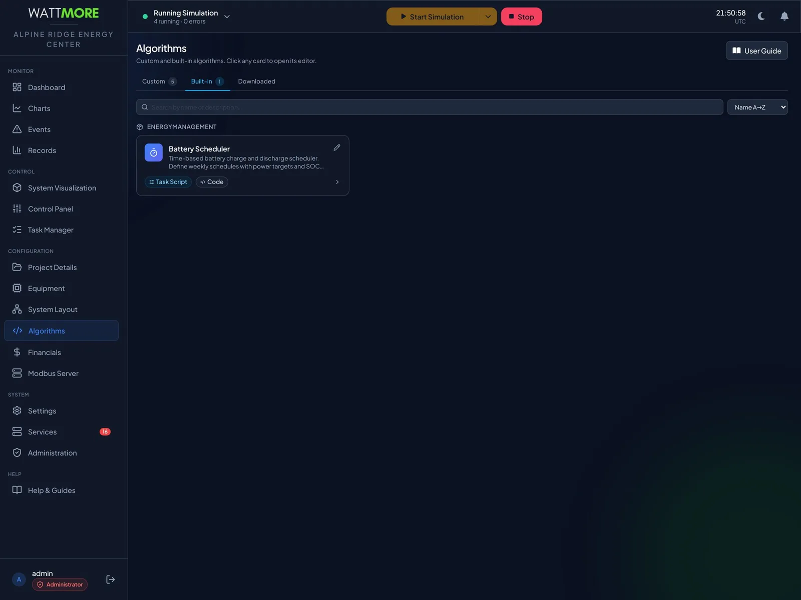 The Algorithms page on the Built in tab, with a search box, a type filter for monitoring, shutdown, startup, and periodic tasks, and a sort selector above the algorithm cards.