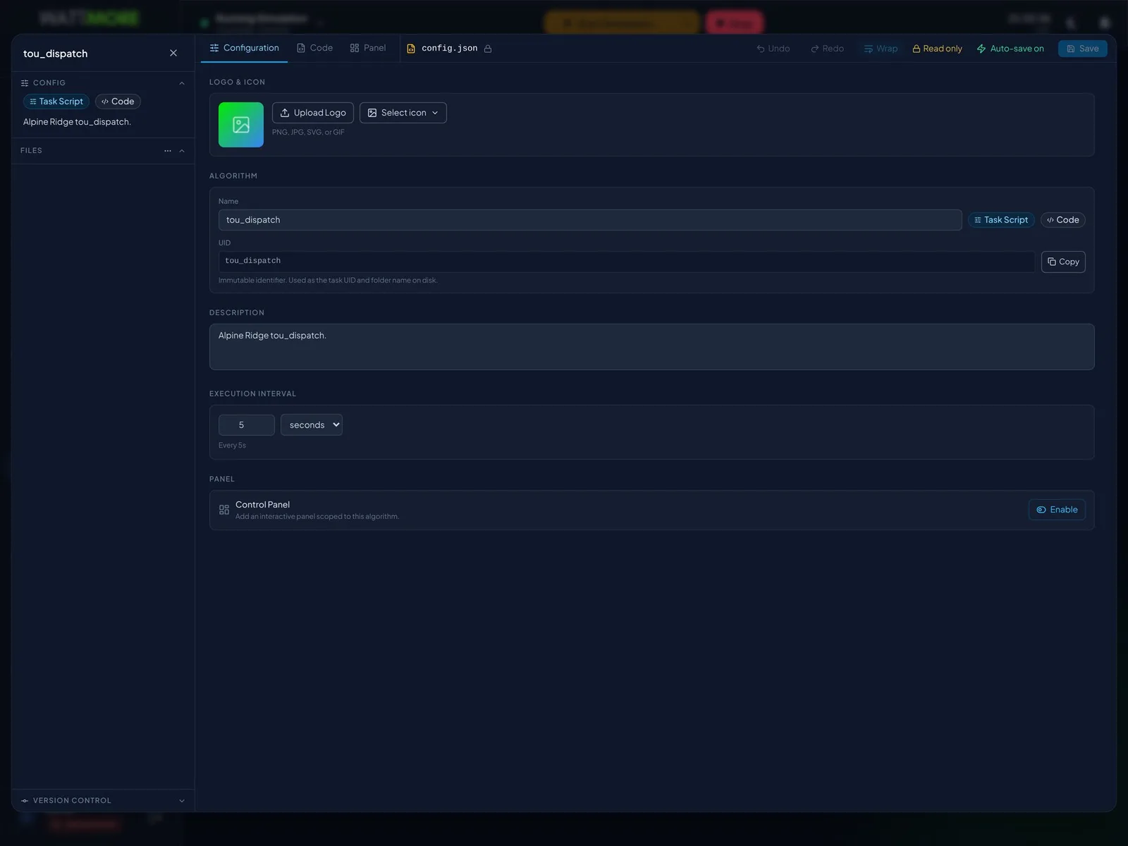 The Configuration tab of an algorithm, which holds everything about the algorithm except its code.