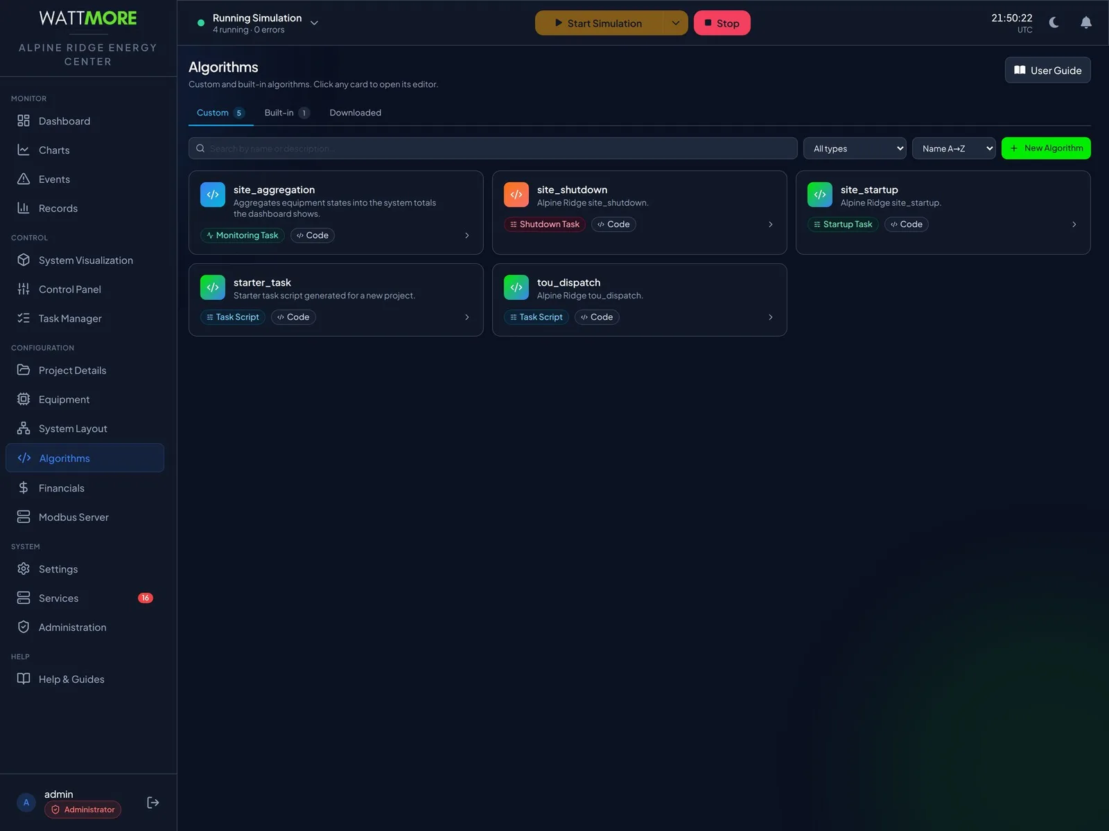 The Algorithms library showing five custom algorithm cards: site_aggregation as a monitoring task, site_shutdown, site_startup, starter_task, and tou_dispatch as task scripts, each tagged Code.