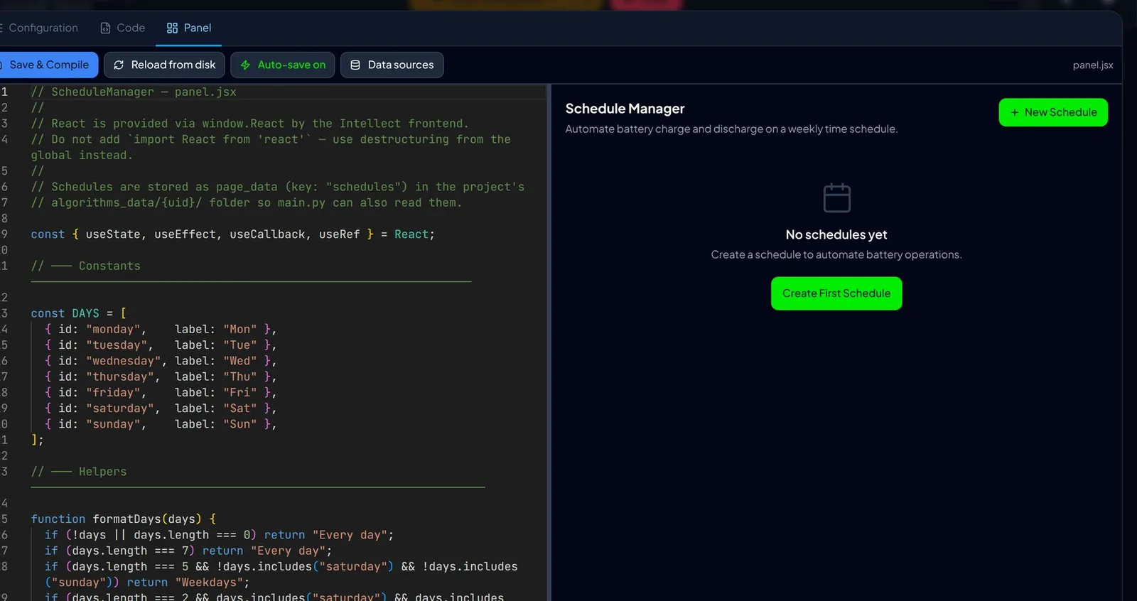 The panel editor with JavaScript source on the left and a live preview on the right showing a Schedule Manager that automates battery charge and discharge on a weekly schedule, with a Create First Schedule button.