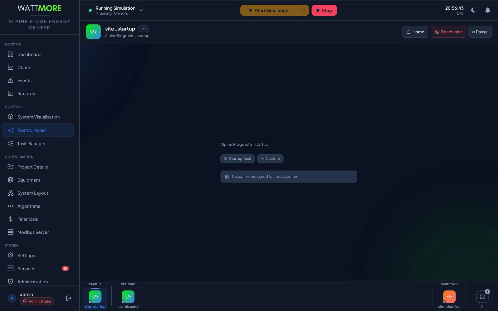 The Control Panel with the site_startup algorithm selected, showing an Idle badge, Home, Deactivate, and Pause buttons, the note No panel configured for this algorithm, and a dock at the bottom with startup, periodic, and shutdown tiles plus an All tile.