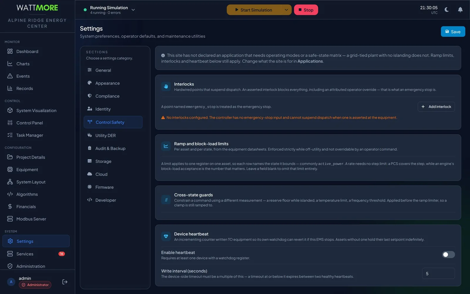 The Control Safety settings category with cards for Interlocks, Ramp and block load limits, Cross state guards, and Device heartbeat, and a warning that no interlocks are configured.