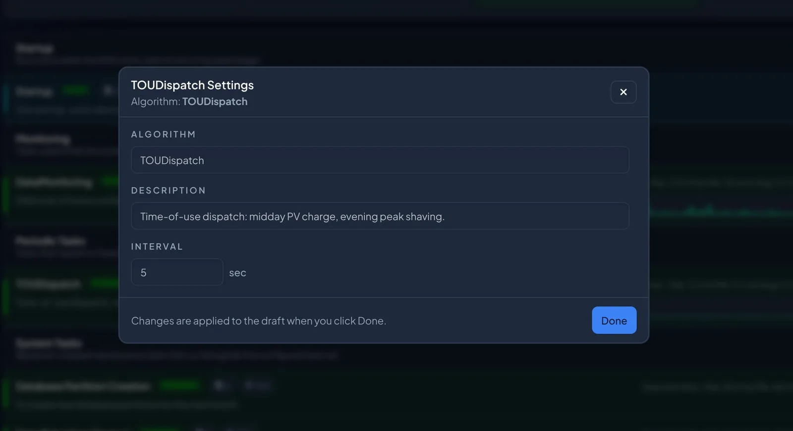 The task settings dialog for the periodic dispatch task, naming the algorithm, its description, and its interval in seconds.