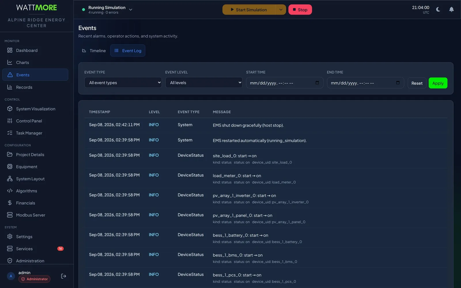 The Event Log tab with a filter bar for event type, event level, start time, and end time, and a table of entries with timestamp, level, event type, and message columns, each row tinted by its level.