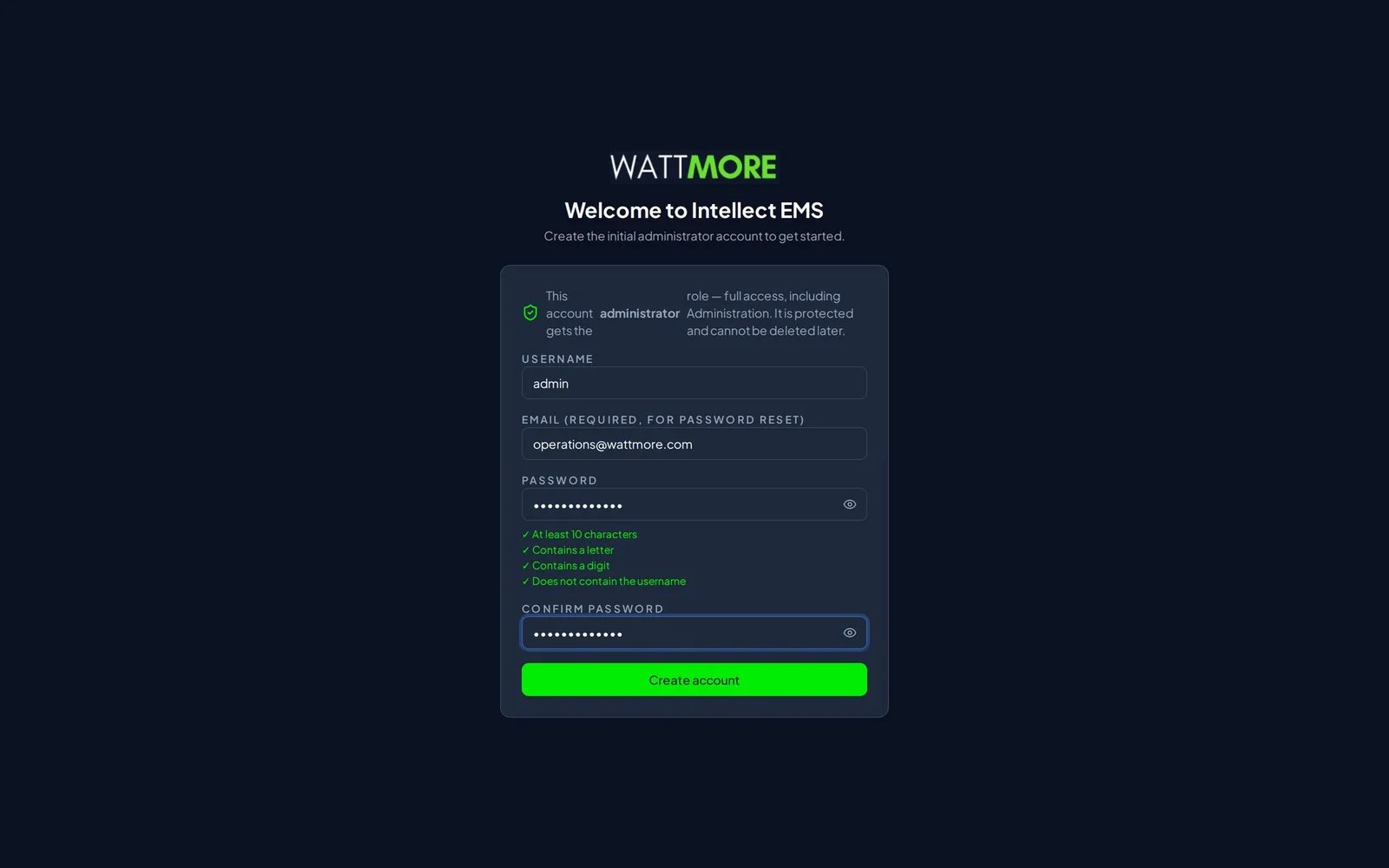 The first boot screen of the appliance with fields for the initial administrator’s username, email, password, and password confirmation, and the password rules listed beneath the password field.