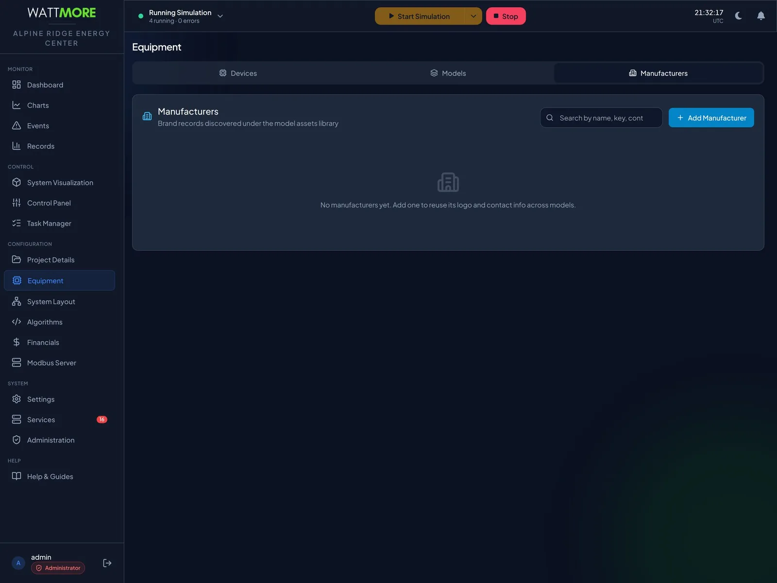 The Manufacturers tab of the Equipment page with an Add Manufacturer button, a search box, and the brand records the site has defined.
