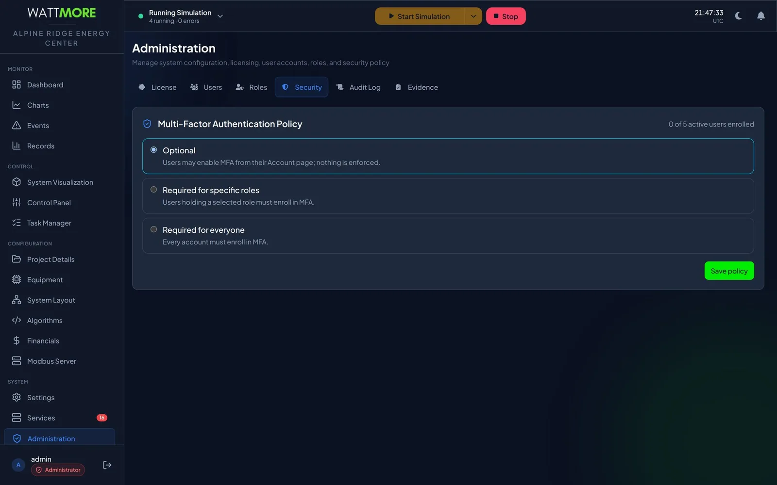 The Multi Factor Authentication Policy card under the Security tab with three options, Optional, Required for specific roles, and Required for everyone, a Save policy button, and a header reporting zero of five active users enrolled.