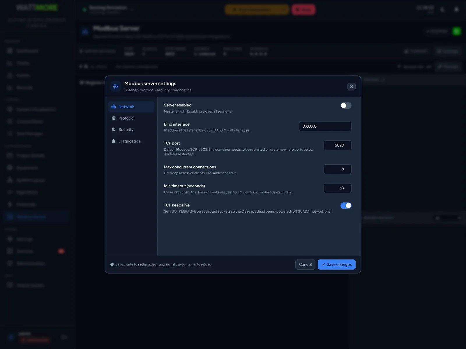 The Network tab of the Modbus server settings with fields for server enabled, bind interface, TCP port 502, maximum concurrent connections, idle timeout, and TCP keepalive.