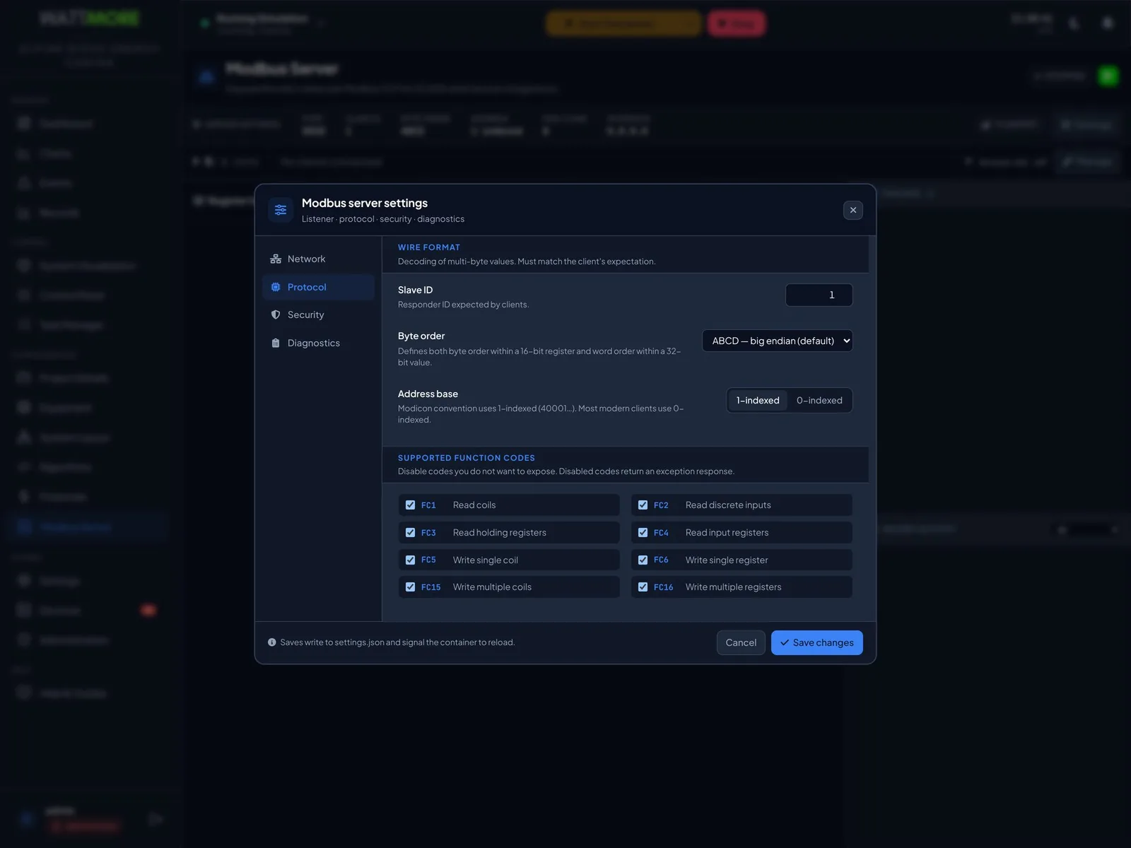 The Protocol tab of the Modbus server settings with fields for slave ID, byte order, and address base, and a list of eight supported function codes each with a toggle.