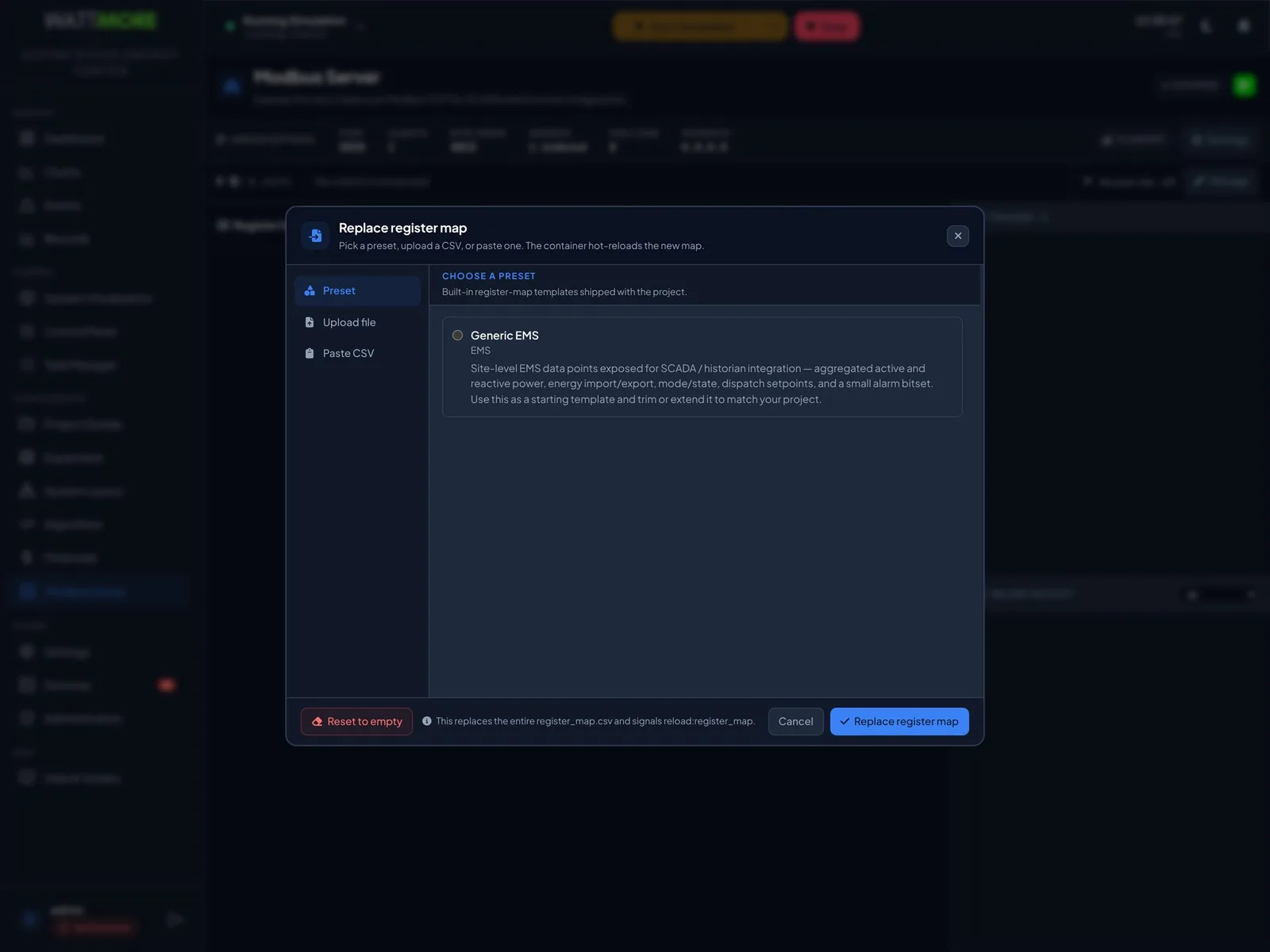 The Replace register map dialog with a source rail offering a preset, a file upload, or pasted CSV, and a Replace register map button.