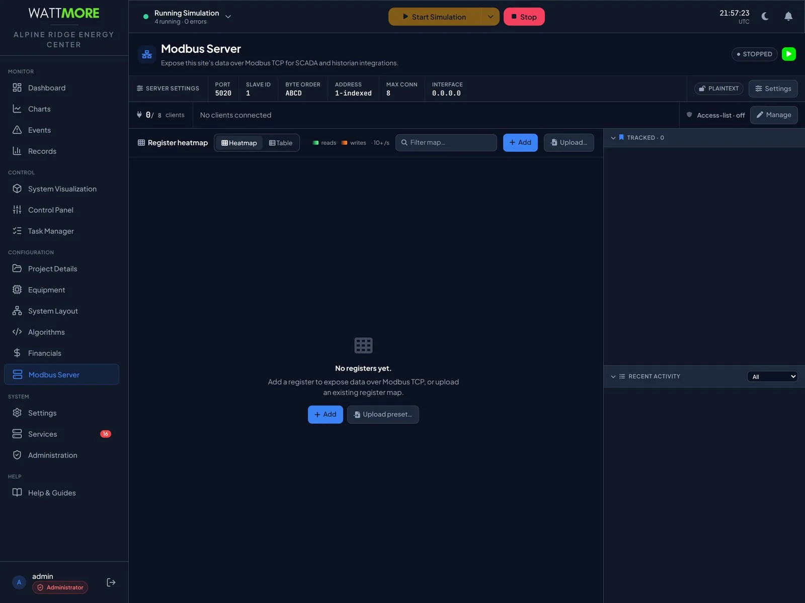 The Modbus Server page showing a Stopped status pill, a settings strip with port 5020, slave ID 1, byte order ABCD, one based addressing, a maximum of eight connections, and the interface 0.0.0.0, an empty register heatmap, and a tracked registers rail.