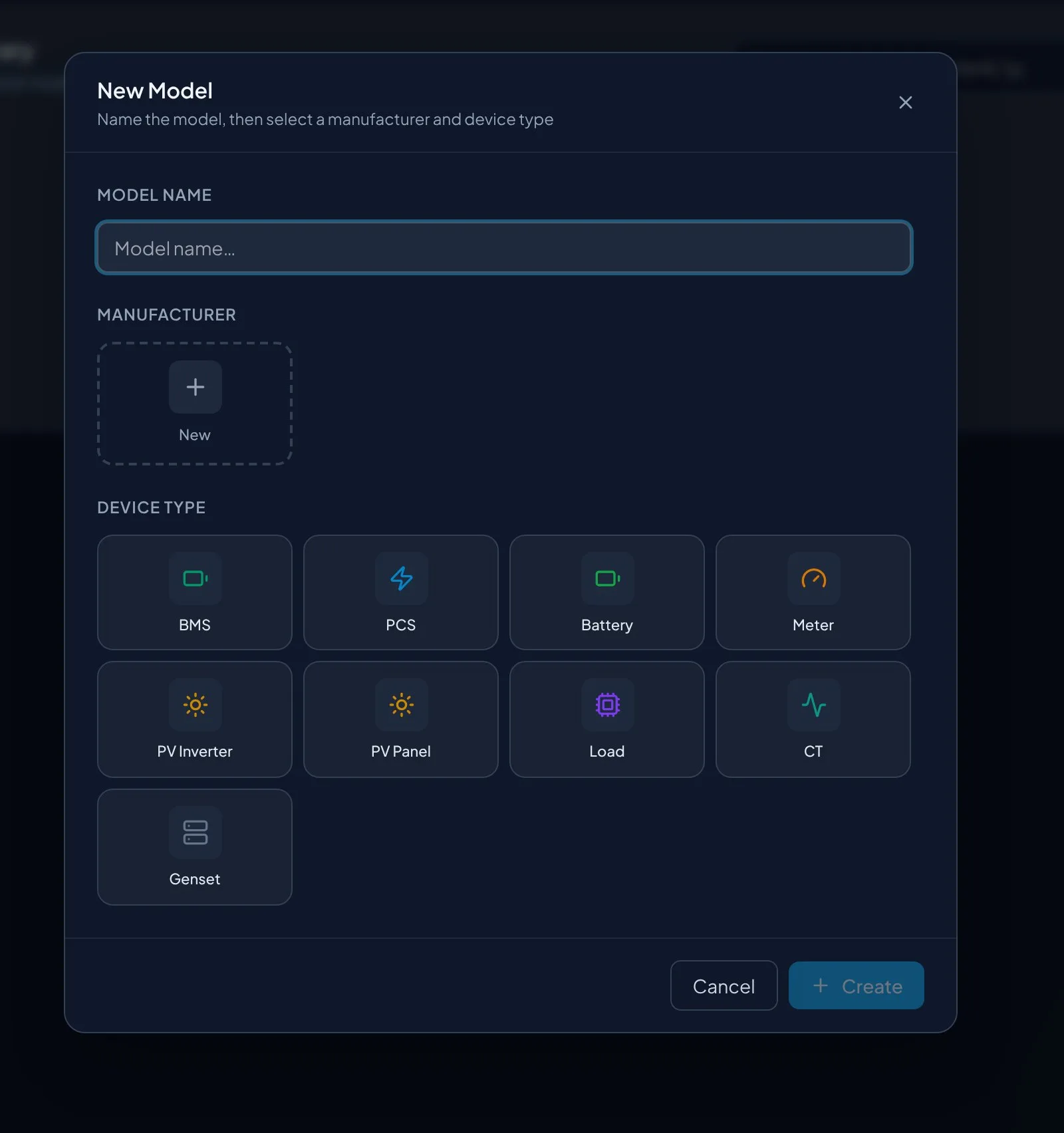 The New Model dialog with a model name field, manufacturer tiles including a dashed New tile, and device type tiles for BMS, PCS, Battery, Meter, PV Inverter, PV Panel, Load, CT, and Genset.
