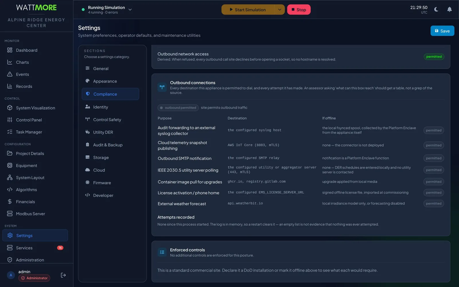 The Compliance settings category showing an outbound network access status of permitted and an outbound connections table listing audit forwarding, cloud telemetry, SMTP notification, IEEE 2030.5 polling, container image pull, license activation, and weather forecast, each with its destination and offline fallback.