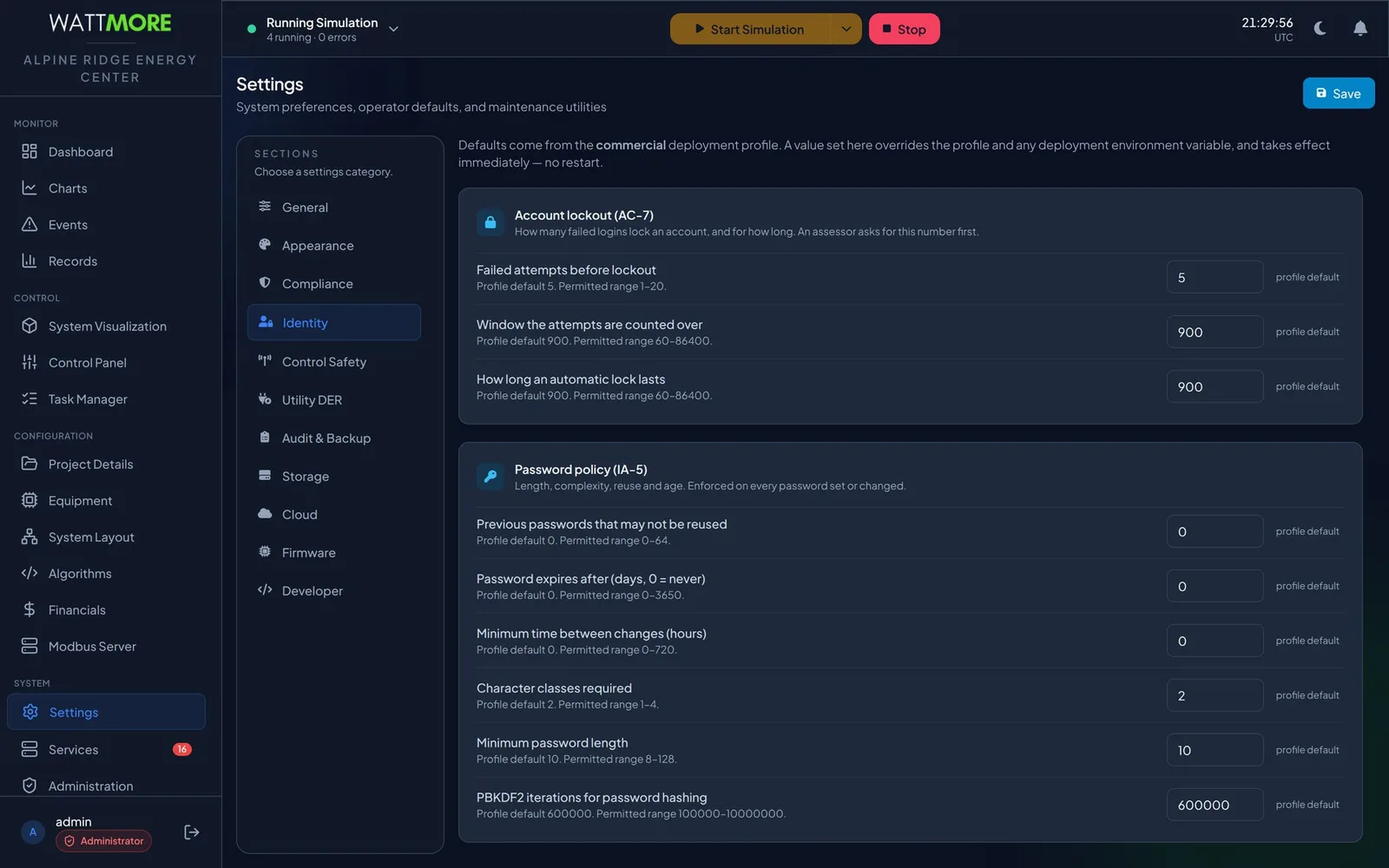 The Identity settings category showing the password policy fields: previous passwords that may not be reused, password expiry in days, minimum time between changes, and character classes required, each with its default and permitted range.