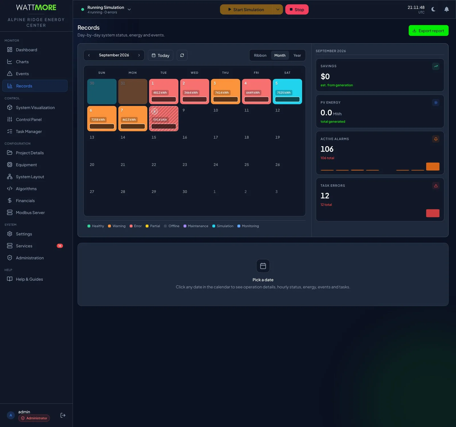 The Records page in Month view, a calendar grid where each recorded day carries its day number, its PV generation in kilowatt hours, and a proportional bar on a background colored by the day’s status.