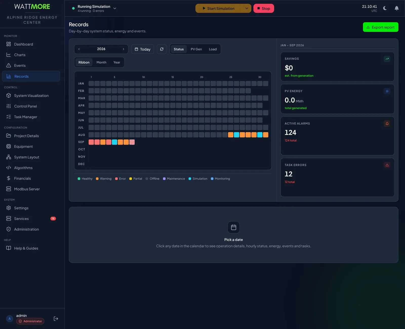The Records page in Ribbon view showing a year of day cells by month with the recent days colored by status, a legend for healthy, warning, error, partial, offline, maintenance, simulation, and monitoring, and period summary tiles for savings, PV energy, active alarms, and task errors down the right.