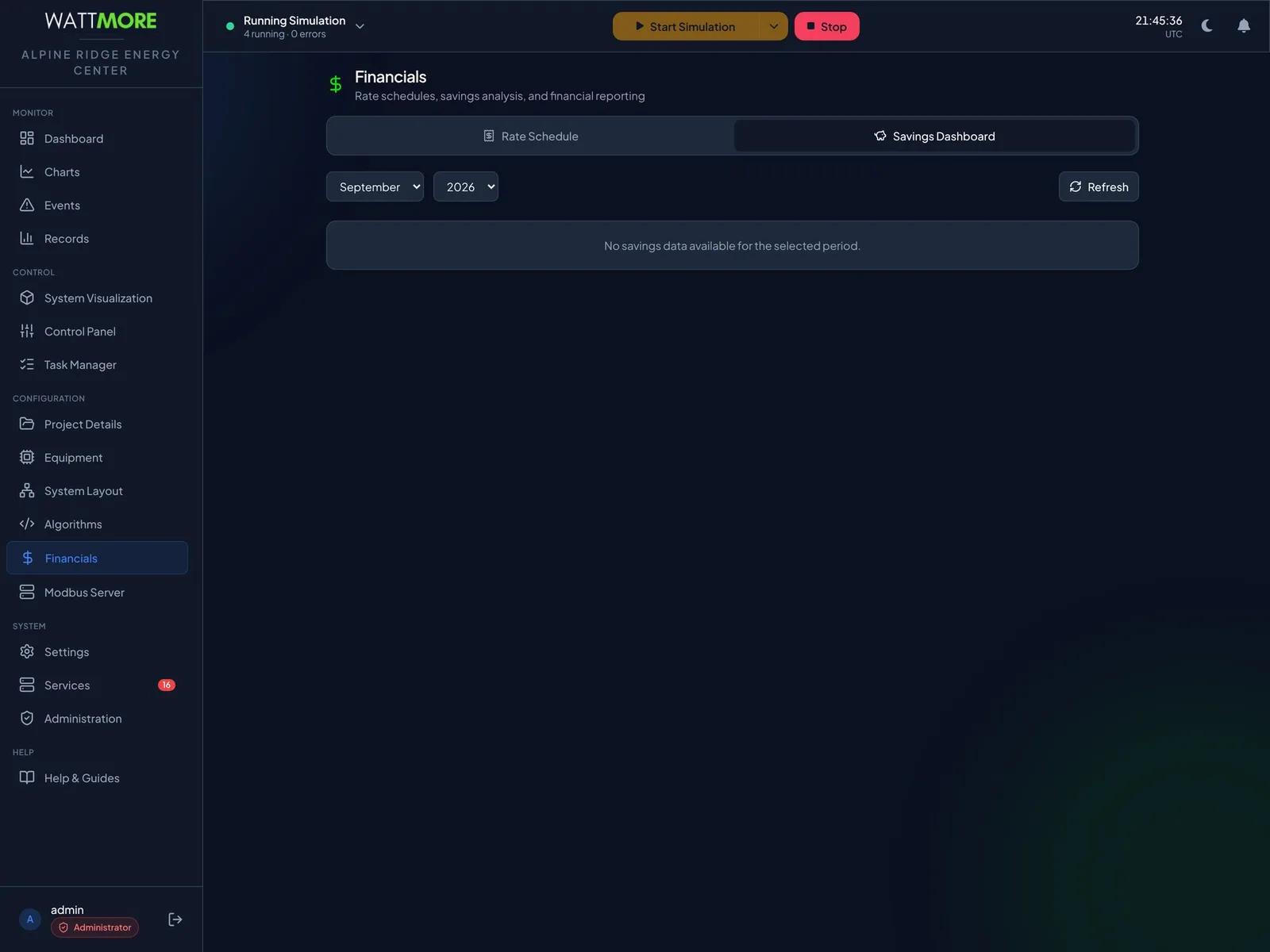 The Savings Dashboard tab of the Financials page with month and year selectors and a Refresh button, reporting savings for the selected period.