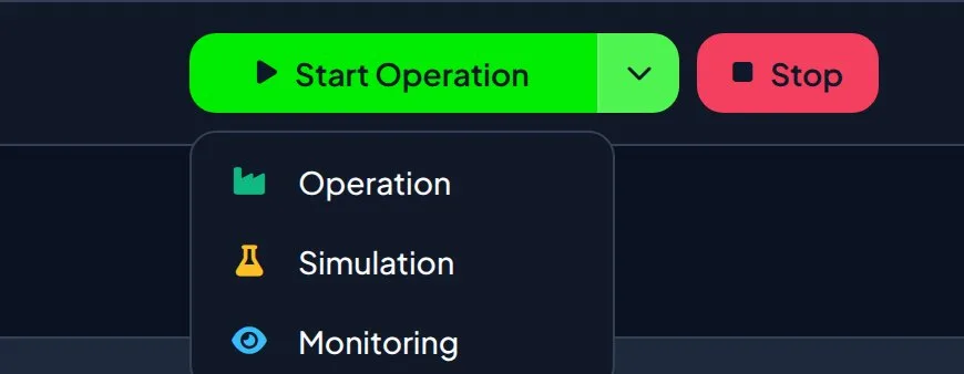 The start split button reading Start Operation, with its chevron menu open and listing Operation, Simulation, and Monitoring.