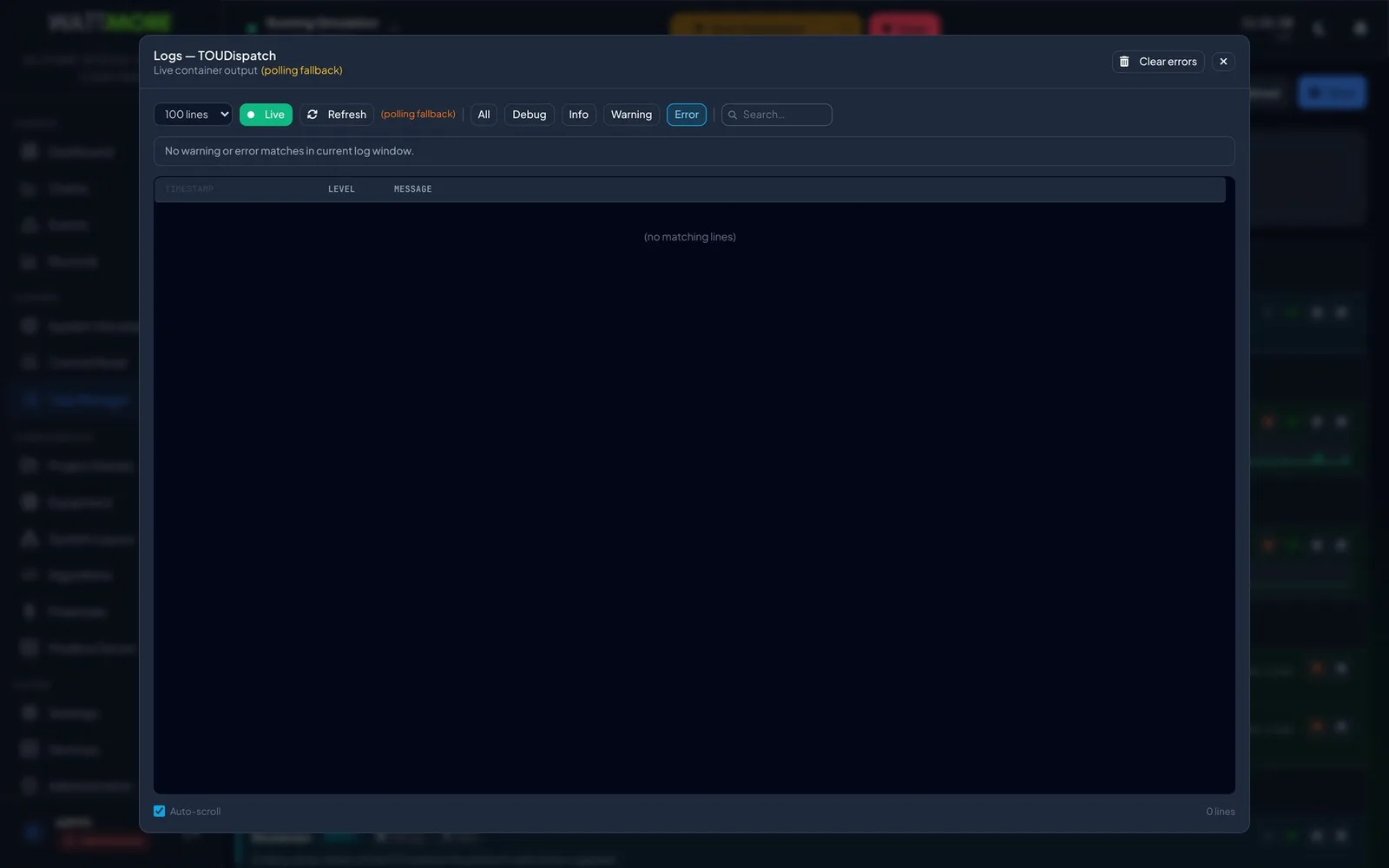 The task log window opened on the Error filter, with a Clear errors button.