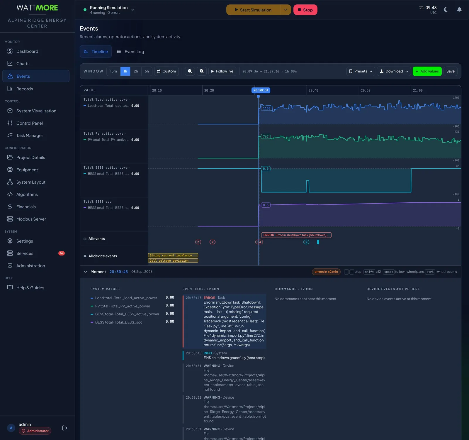 The expanded moment panel on the Events Timeline, showing the values at the selected instant, nearby log entries, nearby commands sent to devices, and the device events active at that moment.