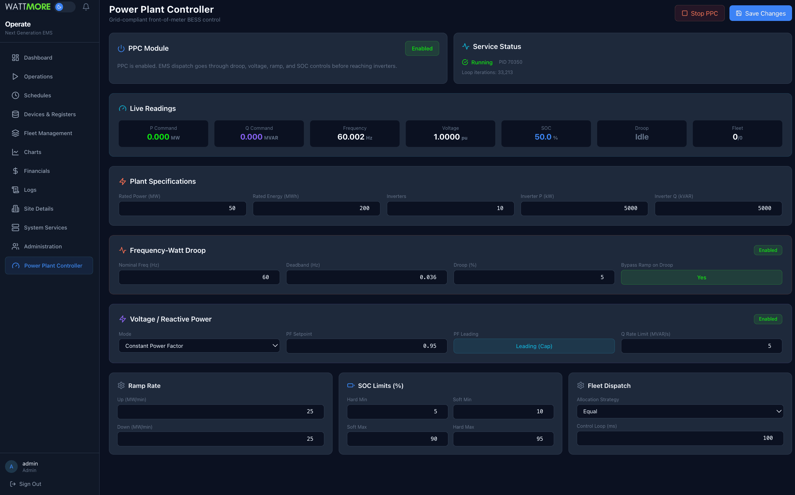 Intellect PPC Dashboard showing live readings, droop configuration, voltage control, ramp rates, SOC limits, and fleet dispatch