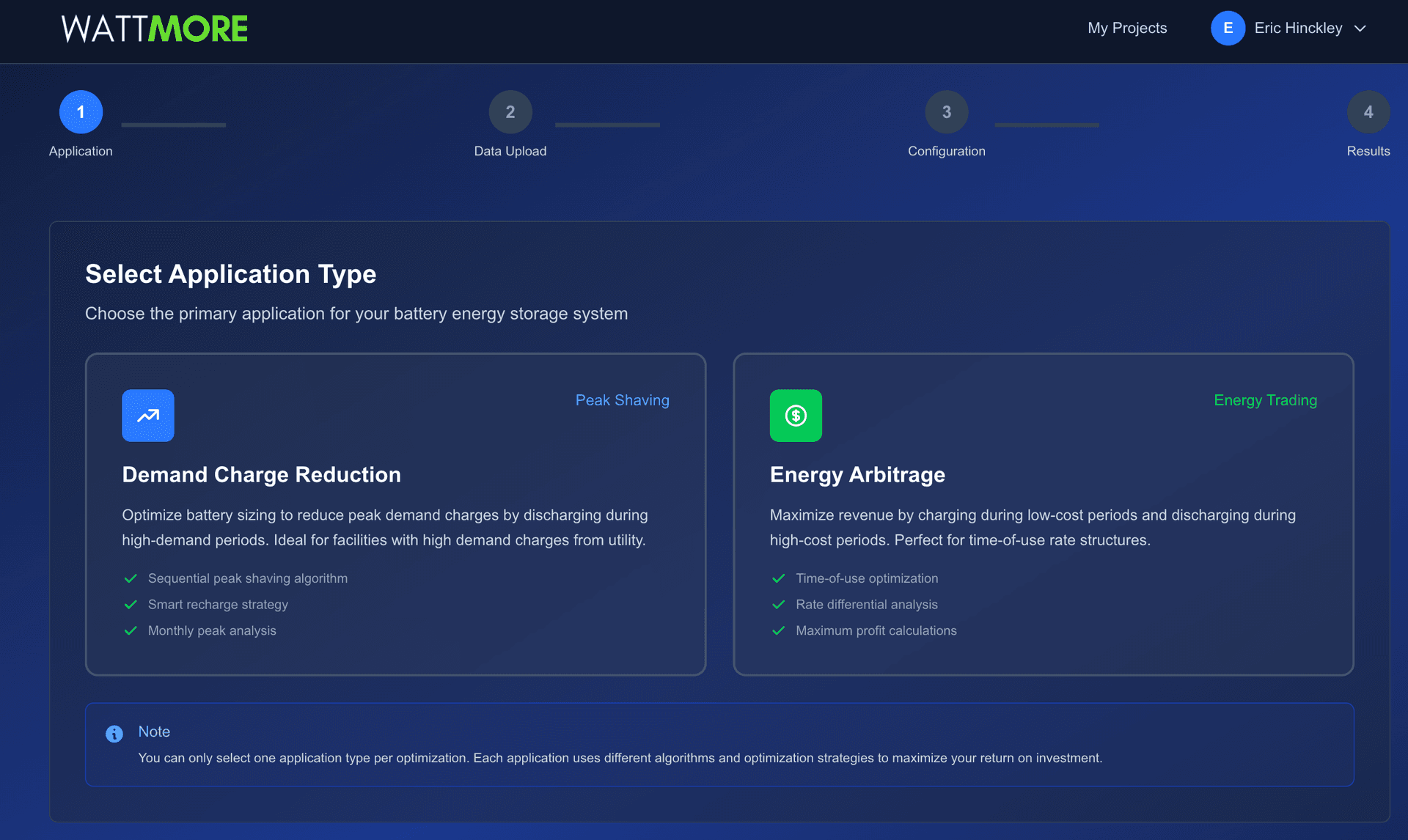 Intellect PLAN battery sizing and financial modeling interface