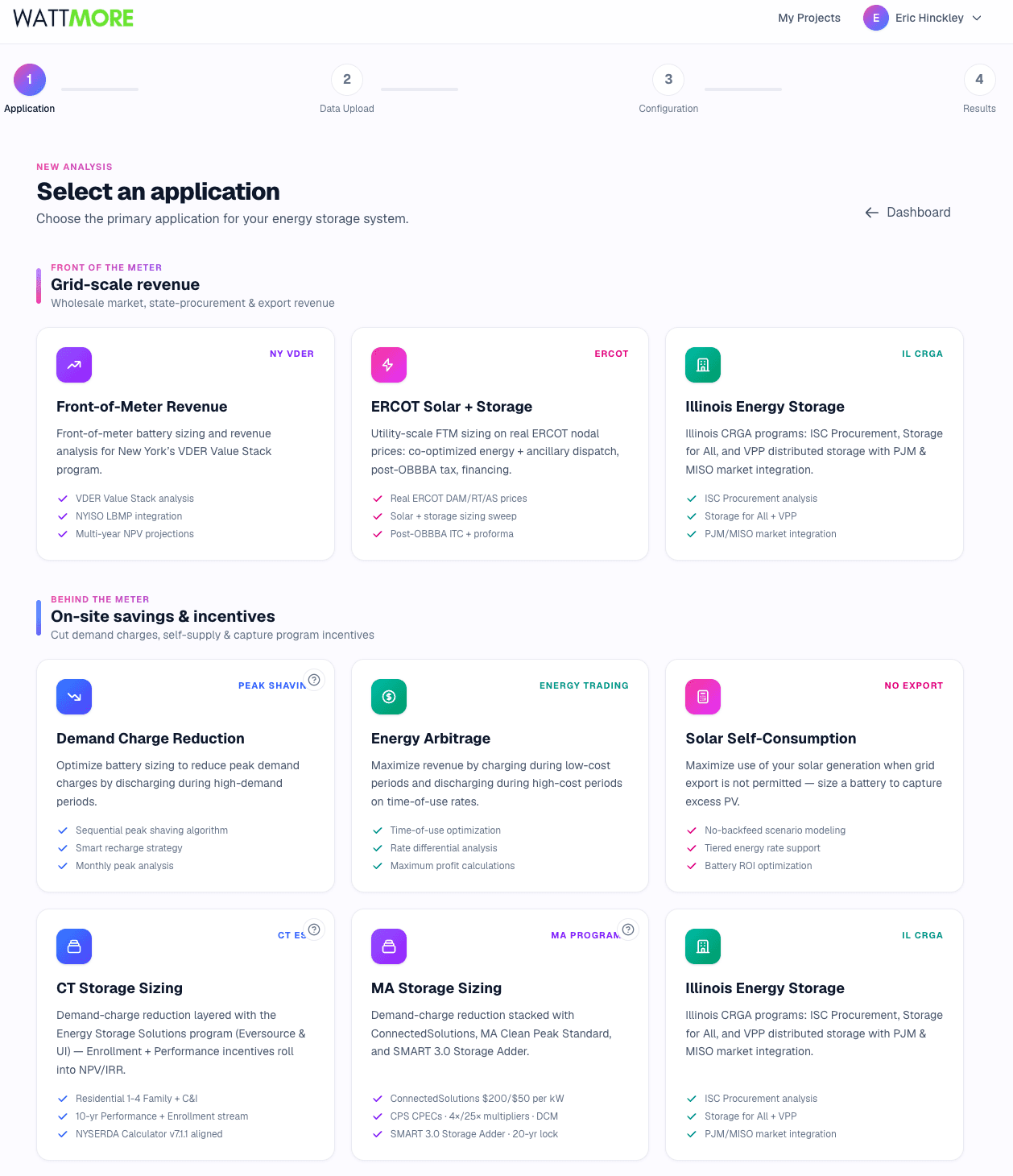 Intellect PLAN application selection showing front-of-meter and behind-the-meter applications including demand charge reduction, energy arbitrage, front-of-meter revenue, Illinois energy storage, CT storage sizing, and MA storage sizing