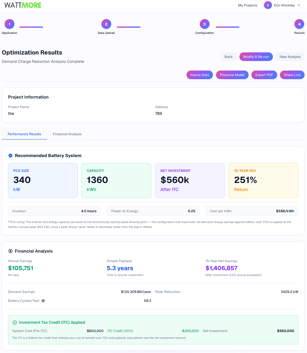 Intellect PLAN optimization results showing recommended battery system, PCS size, capacity, net investment, ROI, and financial analysis