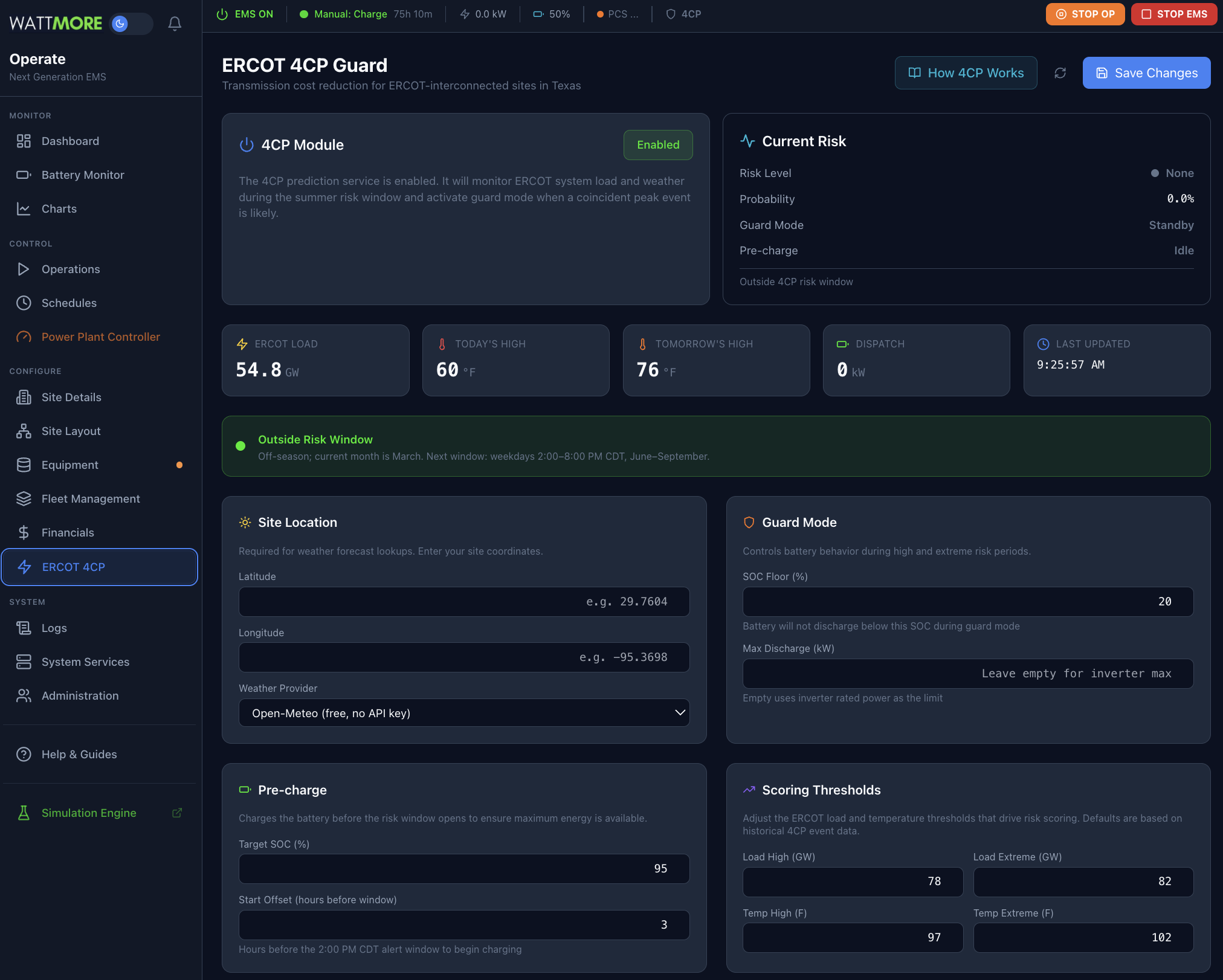 WATTMORE Intellect Operate ERCOT 4CP Guard dashboard showing risk scoring, guard mode, pre-charge settings, and real-time ERCOT load monitoring